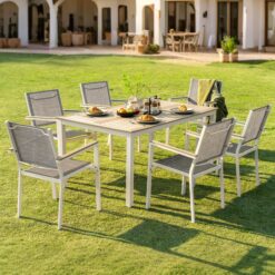 Nuu Garden 7 -Piece White Patio Dining Set Iron Rectangle Table with 6 Light gray Stackable Stationary Chairs