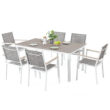 Nuu Garden 7 -Piece White Patio Dining Set Iron Rectangle Table with 6 Light gray Stackable Stationary Chairs