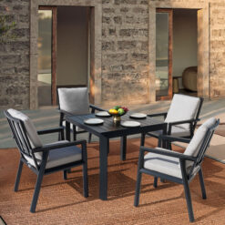 Nuu Garden 5 -Piece Black Patio Dining Set Aluminum Square Table with 4 Gray Cushions Stationary Chairs