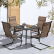 Nuu Garden 5 -Piece Black Patio Dining Set Iron Square Table with 4 Brown C-spring Chairs