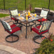 Nuu Garden 5 -Piece Black Patio Dining Set Iron Square Table with 4 Red Cushions Swivel Chairs