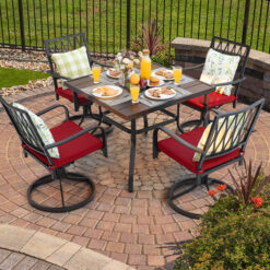 Nuu Garden 5 -Piece Black Patio Dining Set Iron Square Table with 4 Red Cushions Swivel Chairs