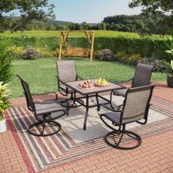 Sunshine Valley Outdoor Table and Chairs 5 -Piece Black Patio Dining Set Steel Square Table with 4 Brown Swivel Chairs