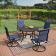 Sunshine Valley Outdoor Table and Chairs 5 -Piece Black Patio Dining Set Steel Round Table with 4 Blue Swivel Chairs