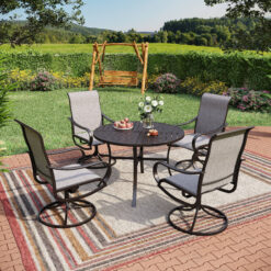 Sunshine Valley Outdoor Table and Chairs 5 -Piece Black Patio Dining Set Steel Square Table with 4 Brown Swivel Chairs