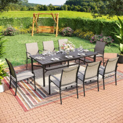 Sunshine Valley Outdoor Table and Chairs 9 -Piece Black Patio Dining Set Steel Rectangle Table with 8 Brown Stationary Chairs