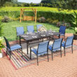 Sunshine Valley Outdoor Table and Chairs 9 -Piece Black Patio Dining Set Steel Rectangle Table with 8 Blue Stationary Chairs