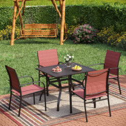 Sunshine Valley Outdoor Table and Chairs 5 -Piece Black Patio Dining Set Steel Square Table with 4 Red Stationary Chairs