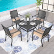 Sunshine Valley Outdoor Table and Chairs 5 -Piece Black Patio Dining Set Steel Square Table with 4 Beige Cushions Stackable Stationary Chairs