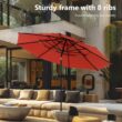 Sunshine Valley Outdoor Table and Chairs 6 -Piece Black Patio Dining Set Steel Square Table with 4 Red Stackable Stationary Chairs and Umbrella Included