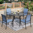 Sunshine Valley Outdoor Table and Chairs 5 -Piece Black Patio Dining Set Steel Round Table with 4 Blue Stationary Chairs