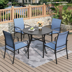Sunshine Valley Outdoor Table and Chairs 5 -Piece Black Patio Dining Set Steel Round Table with 4 Blue Stationary Chairs