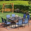 Sunshine Valley Outdoor Table and Chairs 9 -Piece Black Patio Dining Set Steel Square Table with 8 Blue Stationary Chairs