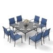 Sunshine Valley Outdoor Table and Chairs 9 -Piece Black Patio Dining Set Steel Square Table with 8 Blue Stationary Chairs