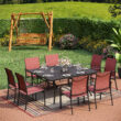 Sunshine Valley Outdoor Table and Chairs 9 -Piece Black Patio Dining Set Steel Square Table with 8 Red Stationary Chairs