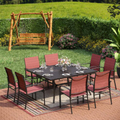 Sunshine Valley Outdoor Table and Chairs 9 -Piece Black Patio Dining Set Steel Square Table with 8 Red Stationary Chairs