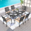 Sunshine Valley Outdoor Table and Chairs 7 -Piece Black Patio Dining Set Steel Rectangle Table with 6 Beige Cushions Stationary Chairs