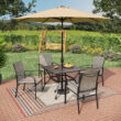 Sunshine Valley Outdoor Table and Chairs 6 -Piece Black Patio Dining Set Steel Square Table with 4 Gray Stationary Chairs and Umbrella Included