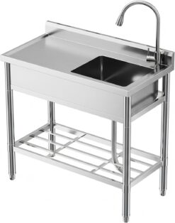 Garvee Stainless Steel Utility Sink Freestanding Single Bowl Laundry Tub with Hot Cold Faucet Workbench for Laundry Room Garage Workshop