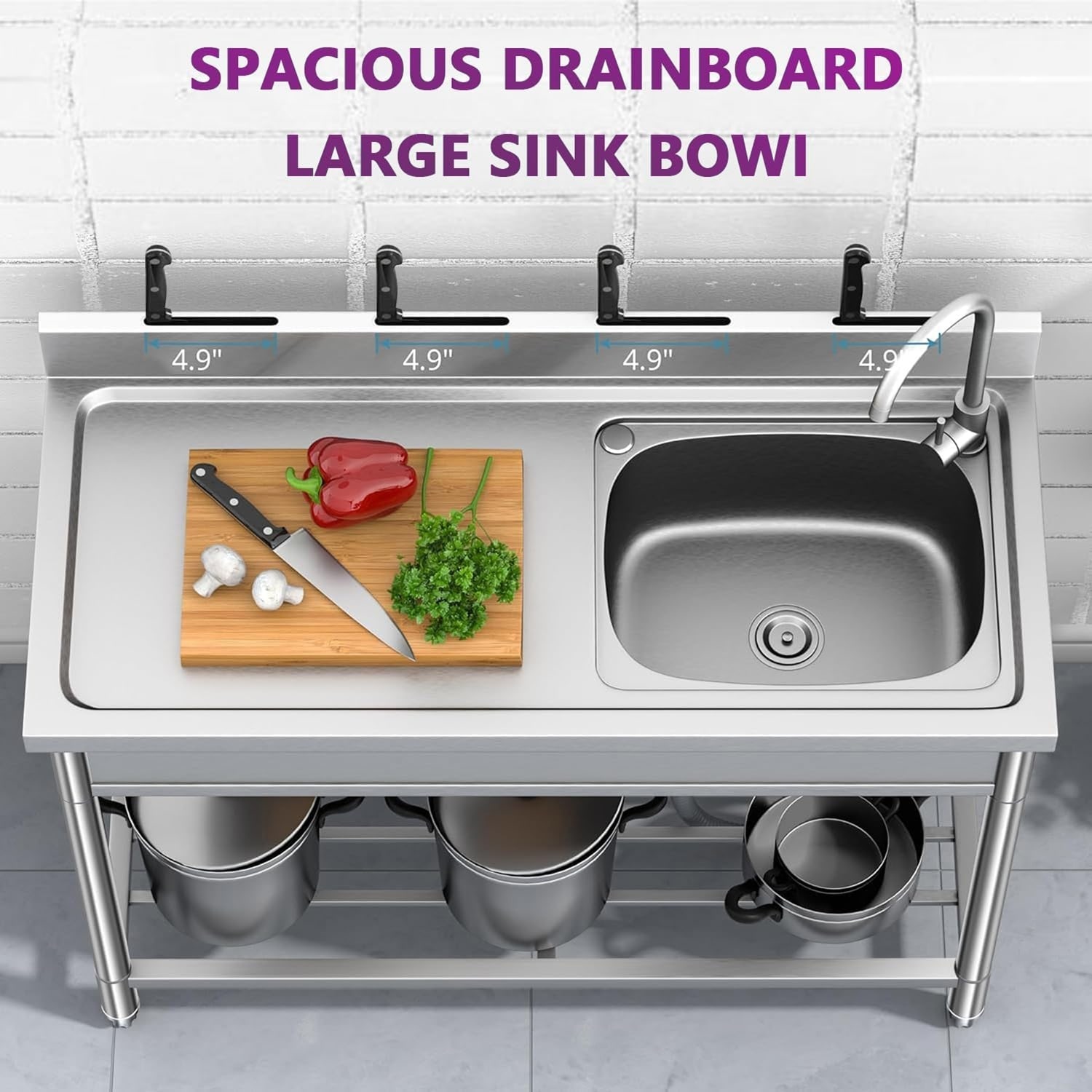 Garvee 47X20X36inch Free Standing Single Bowl Kitchen Sink with Cold and Hot Water Pipe Garvee 47X20X36inch Free Standing Single Bowl Kitchen Sink with Cold and Hot Water Pipe