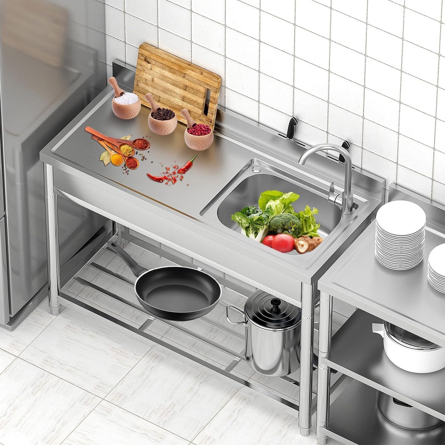 Garvee 47X20X36inch Free Standing Single Bowl Kitchen Sink with Cold and Hot Water Pipe Garvee 47X20X36inch Free Standing Single Bowl Kitchen Sink with Cold and Hot Water Pipe