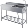 Garvee 47X20x37In Freestanding Single Bowl Kitchen Sink Pull-Out Hot and Cold Faucet Built-in Drain Basket Dish Rack