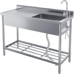 Garvee 47X20x37In Freestanding Single Bowl Kitchen Sink Pull-Out Hot and Cold Faucet Built-in Drain Basket Dish Rack