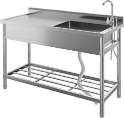 Garvee Stainless Steel Utility Sink Free Standing Single Bowl Sink with Faucet Legs Cold and Hot Water Pipe for Laundry Kitchen Garage Outdoor Garden Heavy-Duty Easy to Clean
