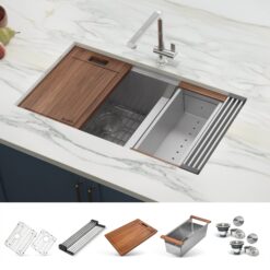 Ruvati Roma Undermount 33-in x 19-in Stainless steel Double offset bowl 16 -Gauge Workstation Kitchen Sink