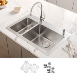 Ruvati Modena Drop-in 33-in x 22-in Stainless steel Double offset bowl 16 -Gauge Kitchen Sink