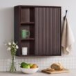 Teamson Home Tremolo 22″ Wide Bathroom Wall Mounted Medicine Cabinet with Open Compartments & 1 Door with Fixed Interior Shelf, Wooden Bracket for Mounting, Natural Fluted Finish in Espresso