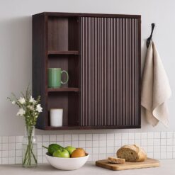 Teamson Home Tremolo 22″ Wide Bathroom Wall Mounted Medicine Cabinet with Open Compartments & 1 Door with Fixed Interior Shelf, Wooden Bracket for Mounting, Natural Fluted Finish in Espresso
