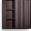 Teamson Home Tremolo 22″ Wide Bathroom Wall Mounted Medicine Cabinet with Open Compartments & 1 Door with Fixed Interior Shelf, Wooden Bracket for Mounting, Natural Fluted Finish in Espresso