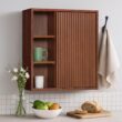 Teamson Home Tremolo 22″ Wide Bathroom Wall Mounted Medicine Cabinet with Open Compartments & 1 Door with Fixed Interior Shelf, Wooden Bracket for Mounting, Natural Fluted Finish in Walnut Color