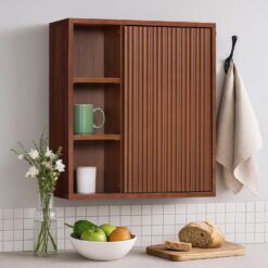 Teamson Home Tremolo 22″ Wide Bathroom Wall Mounted Medicine Cabinet with Open Compartments & 1 Door with Fixed Interior Shelf, Wooden Bracket for Mounting, Natural Fluted Finish in Walnut Color