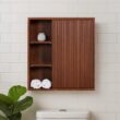 Teamson Home Tremolo 22″ Wide Bathroom Wall Mounted Medicine Cabinet with Open Compartments & 1 Door with Fixed Interior Shelf, Wooden Bracket for Mounting, Natural Fluted Finish in Walnut Color