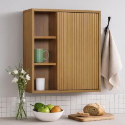 Teamson Home Tremolo 22″ Wide Bathroom Wall Mounted Medicine Cabinet with Open Compartments & 1 Door with Fixed Interior Shelf, Wooden Bracket for Mounting, Fluted Finish in Natural Tone