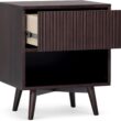 Teamson Home Tremolo 20″ Wide Bedside Nightstand with 1 Drawer & Open Shelf, Fluted Front & Contemporary Style with Solid Rubber Wood Feet, Dual Storage & Push-Open Design for Bedrooms, Espresso