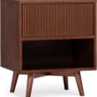 Teamson Home Tremolo 20″ Wide Bedside Nightstand with 1 Drawer & Open Shelf, Fluted Front & Contemporary Style with Solid Rubber Wood Feet, Dual Storage & Push-Open Design for Bedrooms, Walnut