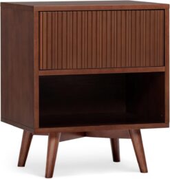 Teamson Home Tremolo 20″ Wide Bedside Nightstand with 1 Drawer & Open Shelf, Fluted Front & Contemporary Style with Solid Rubber Wood Feet, Dual Storage & Push-Open Design for Bedrooms, Walnut