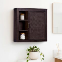 Teamson Home Hatteras 22" W Wall Cabinet with Open & Closed Storage Featuring Sturdy Shelves, Coastal Modern Style and Solid Wood Bracket for Secure Wall Installation, Black Finish