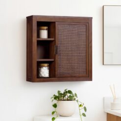 Teamson Home Hatteras 22" W Wall Cabinet with Open & Closed Storage Featuring Sturdy Shelves, Coastal Modern Style and Solid Wood Bracket for Secure Wall Installation, Walnut Finish