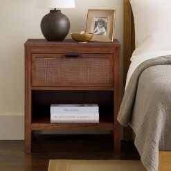 Teamson Home Hatteras 20" W Nightstand with 1 Deep Drawer and Open Shelf Storage in Coastal Modern Style, Ball Bearing Glides, Pine Wood Frames and MDF with Rattan, Walnut Finish