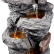 Teamson Home 39.37 in. Outdoor Faux Stacked Stone 4-Tier Water Fountain with LED Lights and Pump, Gray