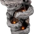 Teamson Home 39.37 in. Outdoor Faux Stacked Stone 4-Tier Water Fountain with LED Lights and Pump, Gray