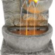 Teamson Home 33.25 in. Cascading Bowls and Stacked Stones LED Outdoor Water Fountain for Gardens, Landscaping, Patios, Balconies, and Lawns for a Calming Oasis in Outdoor Living Spaces, Stone Gray