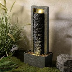 Teamson Home Framed Layered Rock Design Outdoor Water Fountain–Warm Glow Lighting with Steady Flow & Electric Pump, Dark Gray