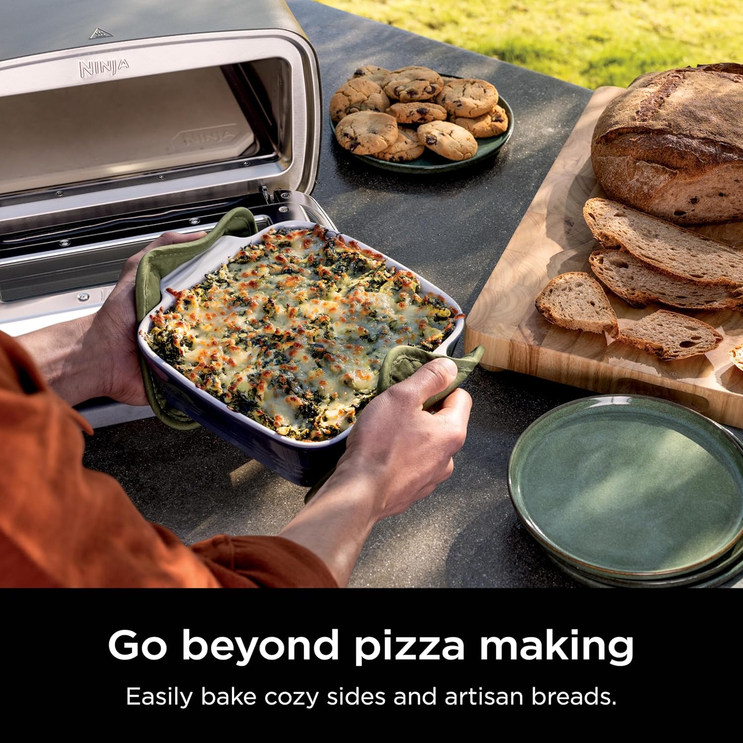 Ninja Artisan Electric Outdoor Pizza Oven with Stone, Gray, MO201 Ninja Artisan Electric Outdoor Pizza Oven with Stone | 12-inch Pizza in 3-minutes | 700F Max Temp | 5-in-1 Functionality – Pizza, Bake, Broil, Proof & Warm | Makes Full Meals | Gray | MO201