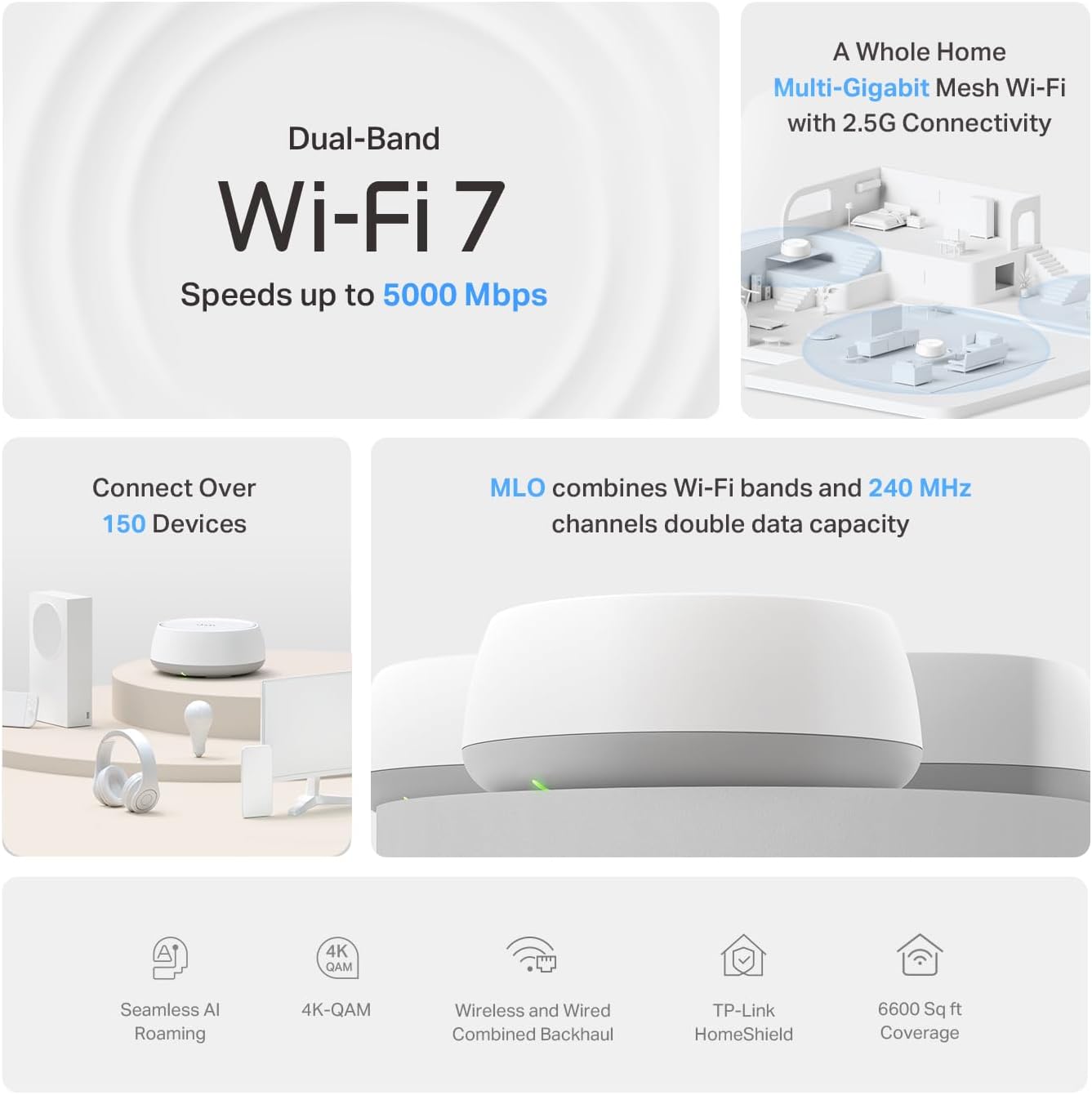 TP-Link Deco 7 BE25 Dual-Band BE5000 WiFi 7 Mesh Wi-Fi System | 4-Stream 5 Gbps, 240 Mhz TP-Link Deco 7 BE25 Dual-Band BE5000 WiFi 7 Mesh Wi-Fi System | 4-Stream 5 Gbps, 240 Mhz | Covers up to 6,600 Sq.Ft | 2X 2.5G Ports Wired Backhaul | VPN,MLO, AI-Roaming, HomeShield, 3-Pack