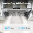VIKIO HOME Wall Mount Range Hood 30 inch, 580 CFM, Ducted/Ductless Convertible, Stainless Steel Kitchen Vent Hood with 3-Speed Fan and LED Lights
